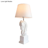 Steed Head Night Lamp With Resin Black/White Rural Design Cone Fabric Shade And Single Bulb