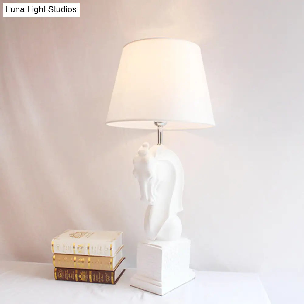 Steed Head Night Lamp With Resin Black/White Rural Design Cone Fabric Shade And Single Bulb