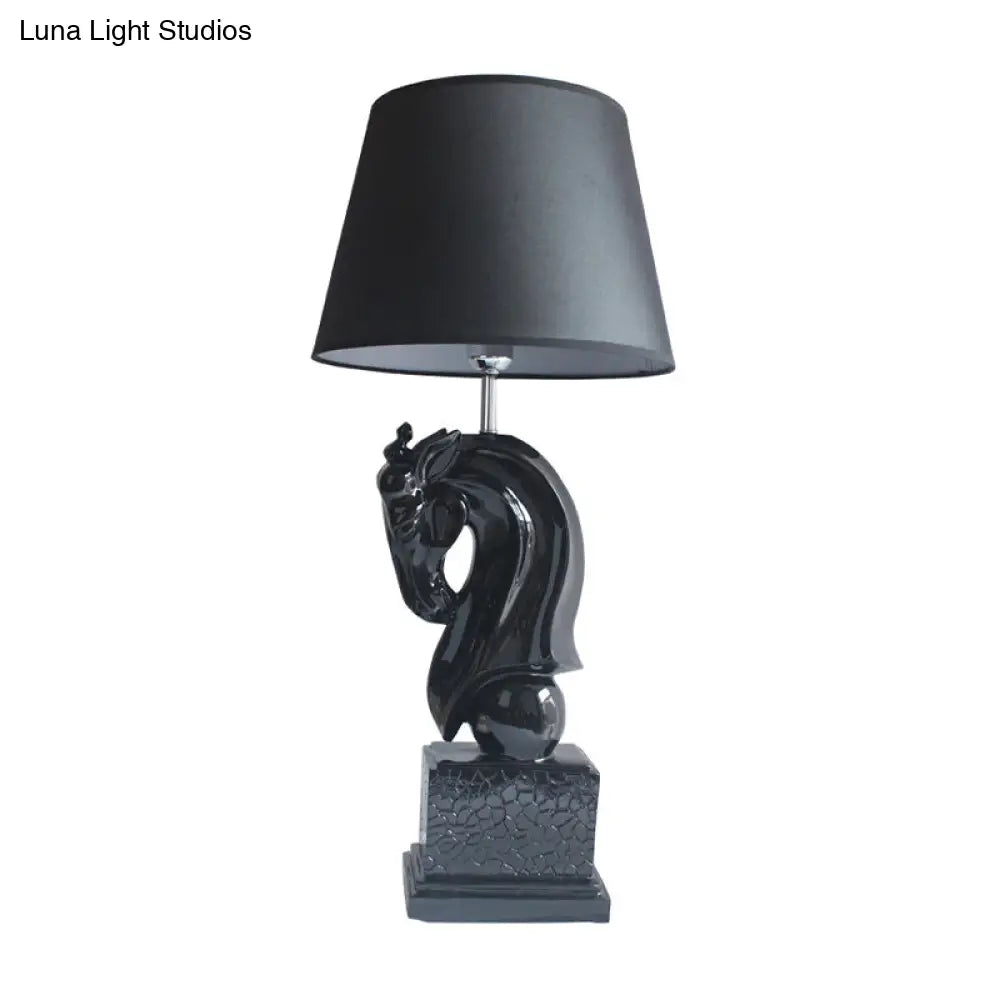 Steed Head Night Lamp With Resin Black/White Rural Design Cone Fabric Shade And Single Bulb