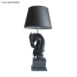Steed Head Night Lamp With Resin Black/White Rural Design Cone Fabric Shade And Single Bulb