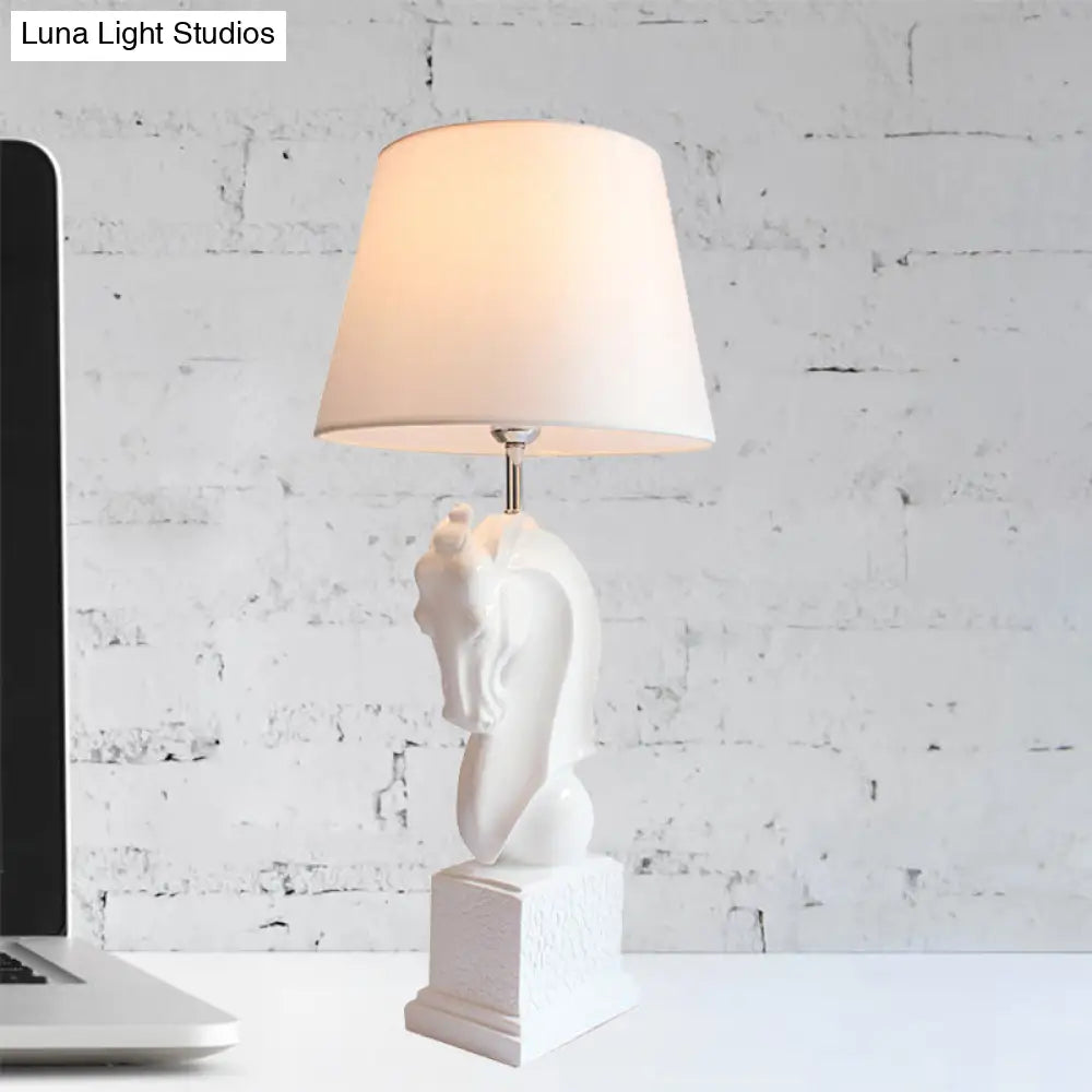Steed Head Night Lamp With Resin Black/White Rural Design Cone Fabric Shade And Single Bulb