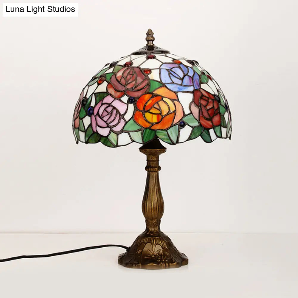 Stefania - Tiffany Bronze 1 Bulb Table Lighting Tiffany Rose Blossom Cut Glass Night Stand Lamp with Cabochons