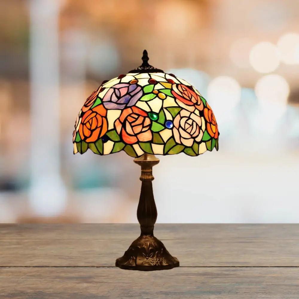 Stefania - Tiffany Bronze 1 Bulb Table Lighting Tiffany Rose Blossom Cut Glass Night Stand Lamp with Cabochons