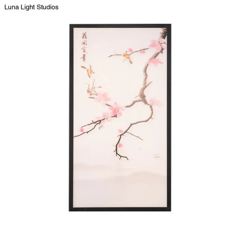 Stunning Asian Style Led Wall Mount Sconce With Black Bird And Peach Blossom Painting Fabric Shade