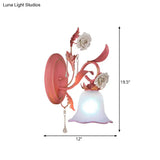 Stunning Pink Frosted Glass Bellflower Wall Sconce With Crystal Accent: Countryside 1/2-Light Lamp