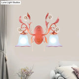 Stunning Pink Frosted Glass Bellflower Wall Sconce With Crystal Accent: Countryside 1/2-Light Lamp