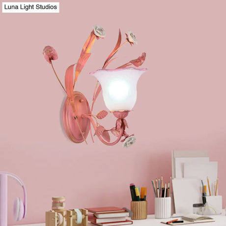 Stunning Pink Frosted Glass Bellflower Wall Sconce With Crystal Accent: Countryside 1/2-Light Lamp