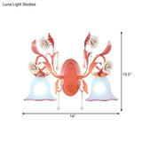 Stunning Pink Frosted Glass Bellflower Wall Sconce With Crystal Accent: Countryside 1/2-Light Lamp