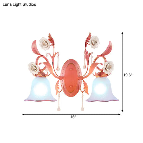Stunning Pink Frosted Glass Bellflower Wall Sconce With Crystal Accent: Countryside 1/2-Light Lamp