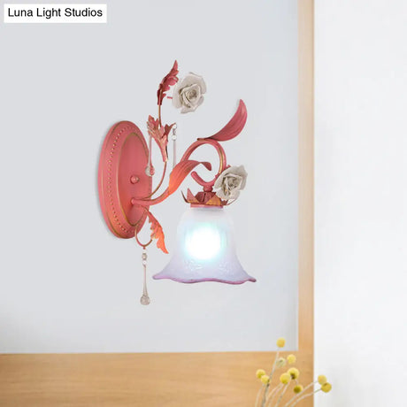 Stunning Pink Frosted Glass Bellflower Wall Sconce With Crystal Accent: Countryside 1/2-Light Lamp