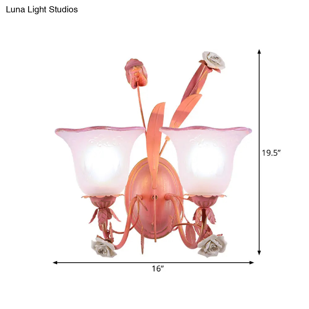 Stunning Pink Frosted Glass Bellflower Wall Sconce With Crystal Accent: Countryside 1/2-Light Lamp