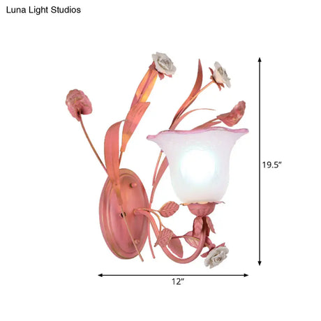 Stunning Pink Frosted Glass Bellflower Wall Sconce With Crystal Accent: Countryside 1/2-Light Lamp