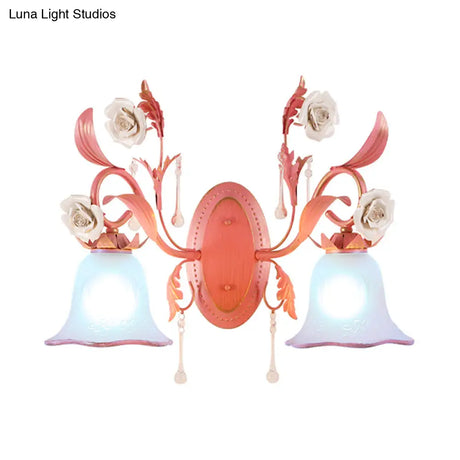 Stunning Pink Frosted Glass Bellflower Wall Sconce With Crystal Accent: Countryside 1/2-Light Lamp