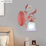 Stunning Pink Frosted Glass Bellflower Wall Sconce With Crystal Accent: Countryside 1/2-Light Lamp