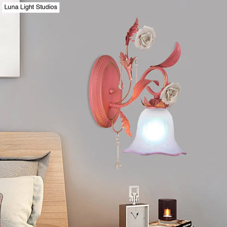 Stunning Pink Frosted Glass Bellflower Wall Sconce With Crystal Accent: Countryside 1/2-Light Lamp