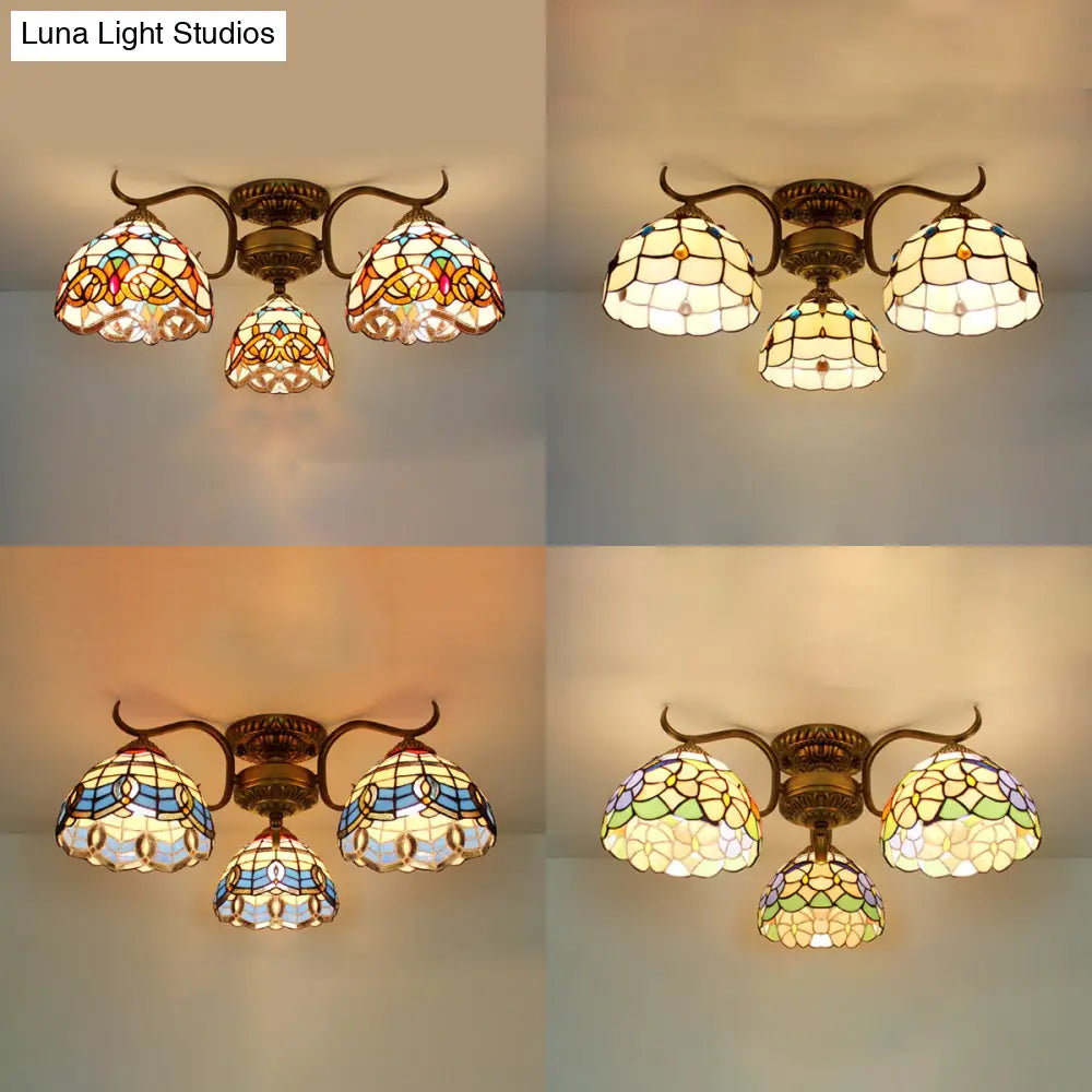 Stunning Tiffany Style Stained Glass Ceiling Light With Victorian Gem & Flower Design - 3 Semi