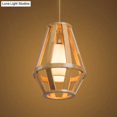 Stylish Asian Pendant Light With Wood Finish Single Bulb And White Cylinder Shade