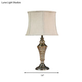 Stylish Beige Bedroom Table Lamp - Rustic Night Light With Tapered Fabric Shade