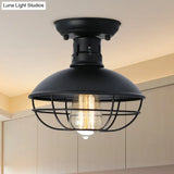Stylish Black Bowl Semi Flush Mount Farmhouse Metal Ceiling Fixture With Cage Shade - 1 Light For