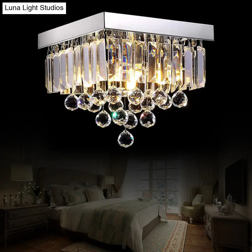 Stylish Crystal Shade Chrome Ceiling Flush Mount Light With 4 Lights For Living Room