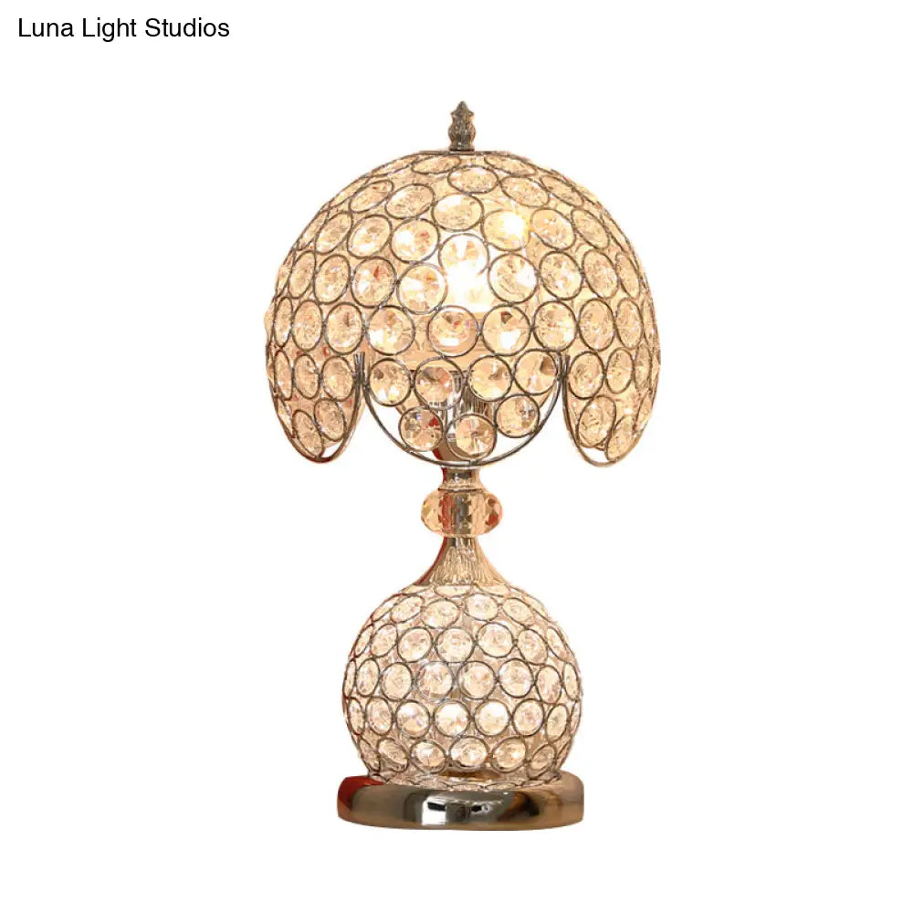 Stylish Crystal Silver Bedside Table Lamp With Scalloped Dome Design
