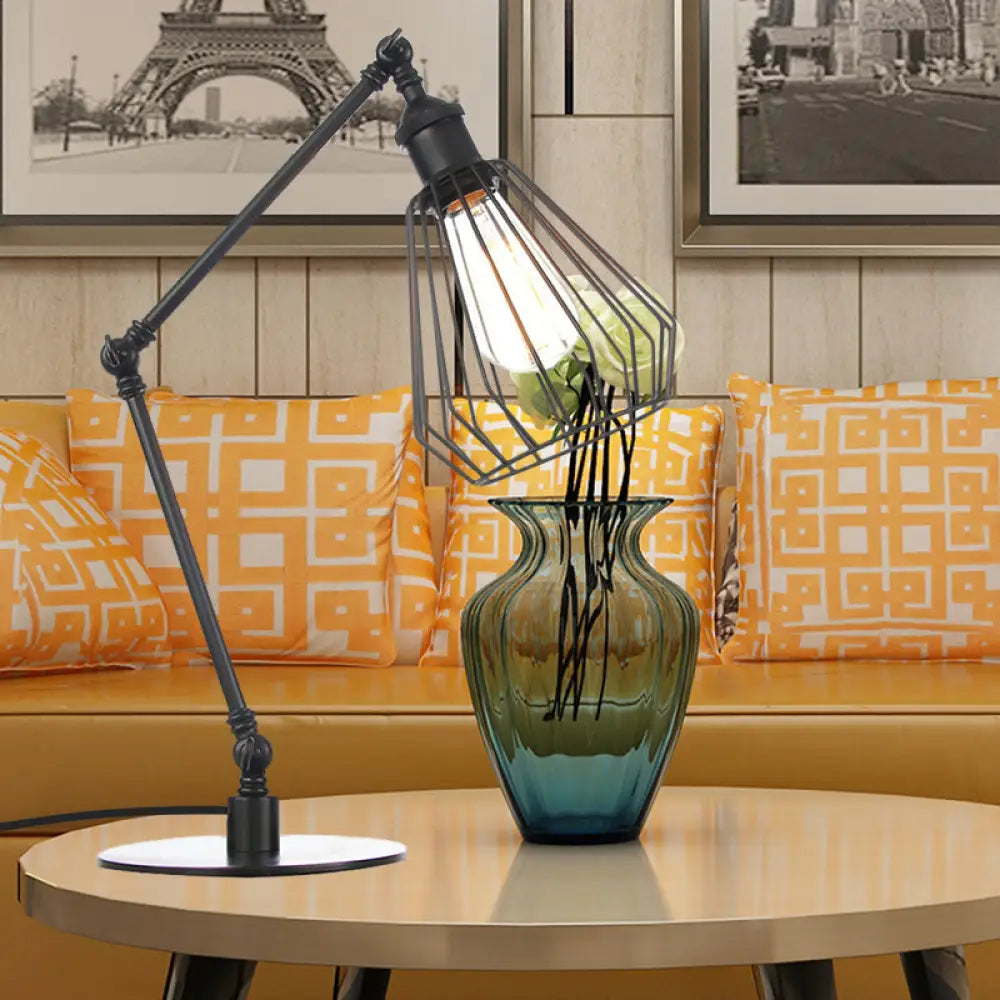 Stylish Diamond Cage Bedroom Table Lamp - Adjustable Metallic Farmhouse Lighting In Black/Brass