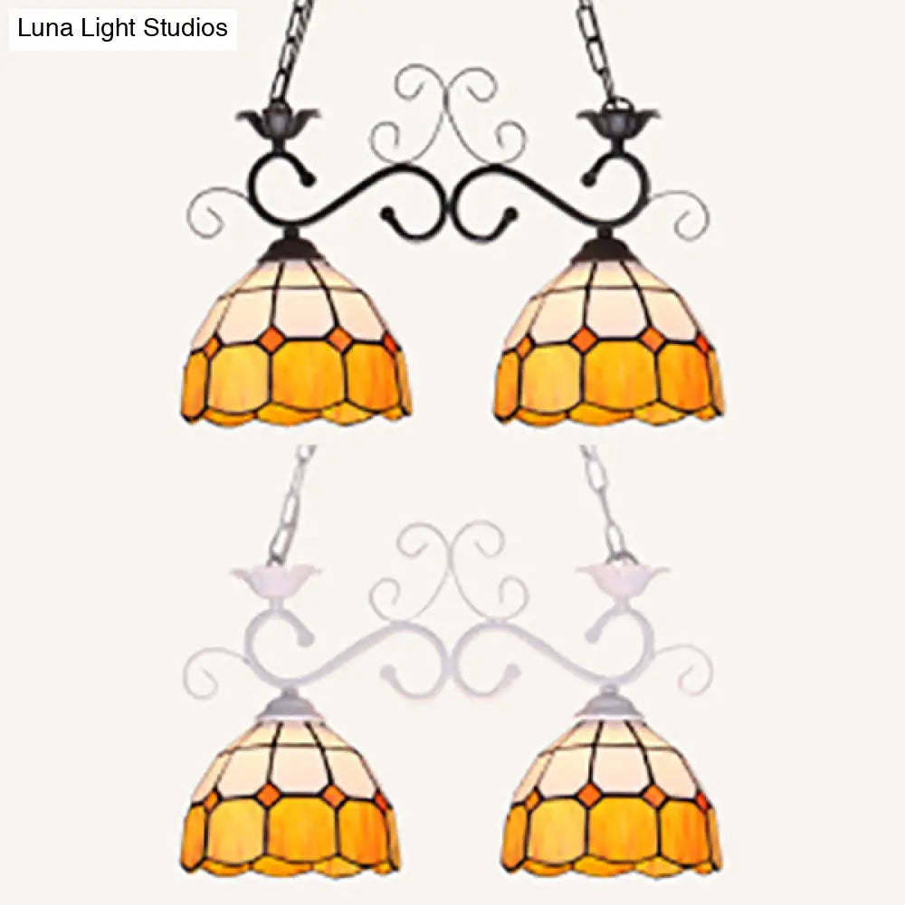 Stylish Grid Dome Chandelier: 2-Head Tiffany Island Lamp In Black/White - Perfect For Dining Room
