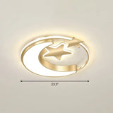 Stylish Kids Crescent And Star Metal Ceiling Light Fixture For Bedroom - Flush Mount Lamp With Ring