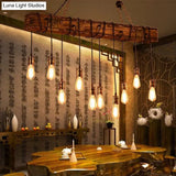 Stylish Linear Dining Room Island Lighting With Wooden Beam Design - Multi Light Brown Ceiling