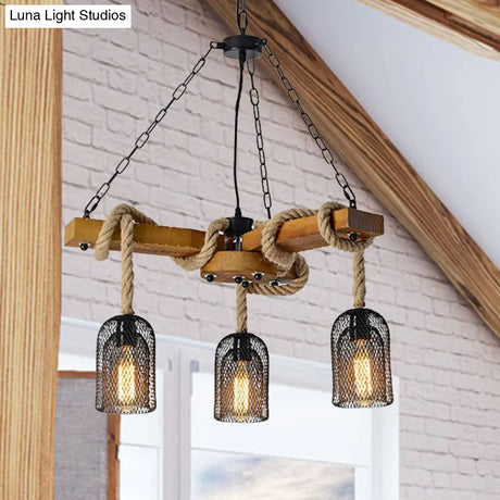Stylish Lodge Pendant Lighting: Wood And Rope Ceiling Fixture With Wire Mesh 3/6 Lights Brown Base