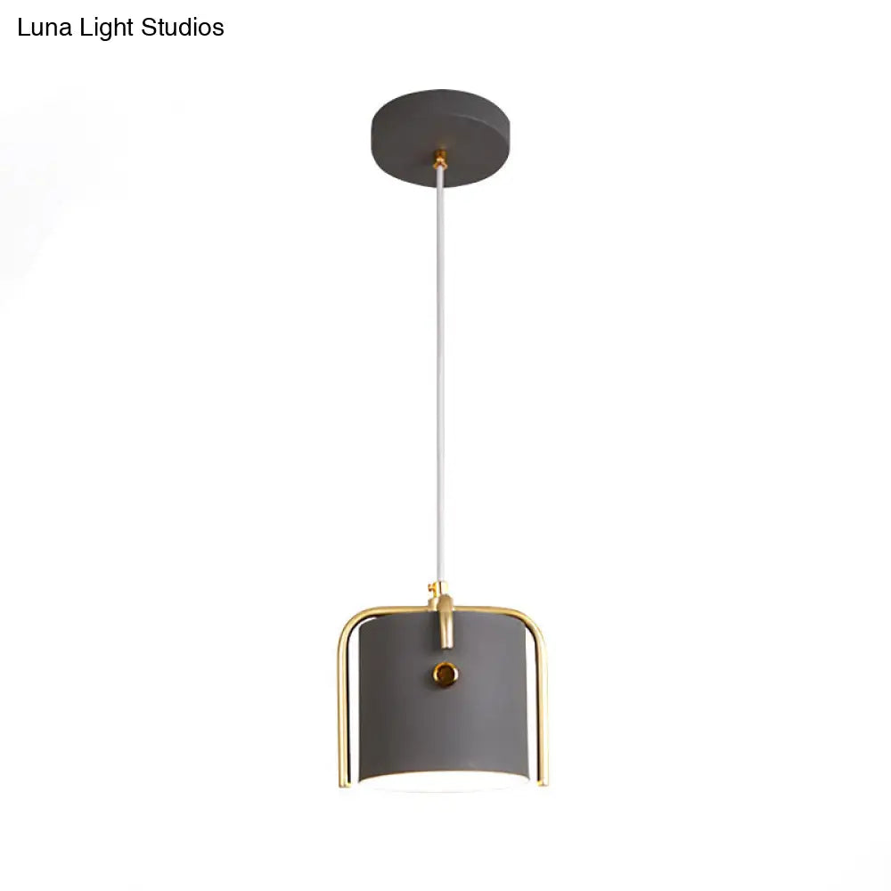 Stylish Macaron Hanging Light - 1 With Metallic Shade Gray/White Barrel Suspension Lamp Ideal For