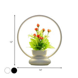 Stylish Metal Led Night Lamp With Plant Decoration - Round/Square Shape Warm/White Light For Bedroom