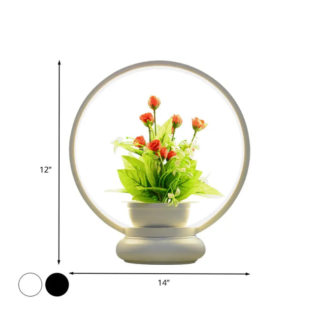 Stylish Metal Led Night Lamp With Plant Decoration - Round/Square Shape Warm/White Light For Bedroom