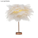 Stylish Pink/White Palmtree Night Lamp - Feather Battery Powered Led Table Light With Usb Charging