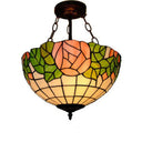 Stylish Tiffany-Style Bowl Pendant Lighting With 3 Lights - Pink And Green Glass Rose Pattern