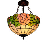 Stylish Tiffany-Style Bowl Pendant Lighting With 3 Lights - Pink And Green Glass Rose Pattern