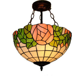 Stylish Tiffany-Style Bowl Pendant Lighting With 3 Lights - Pink And Green Glass Rose Pattern