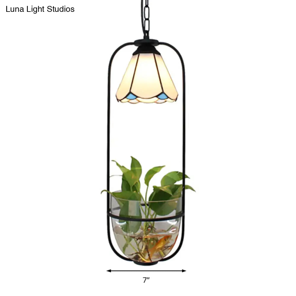 Stylish White Handcrafted Tiffany Art Glass Pendant Light Fixture With Planting