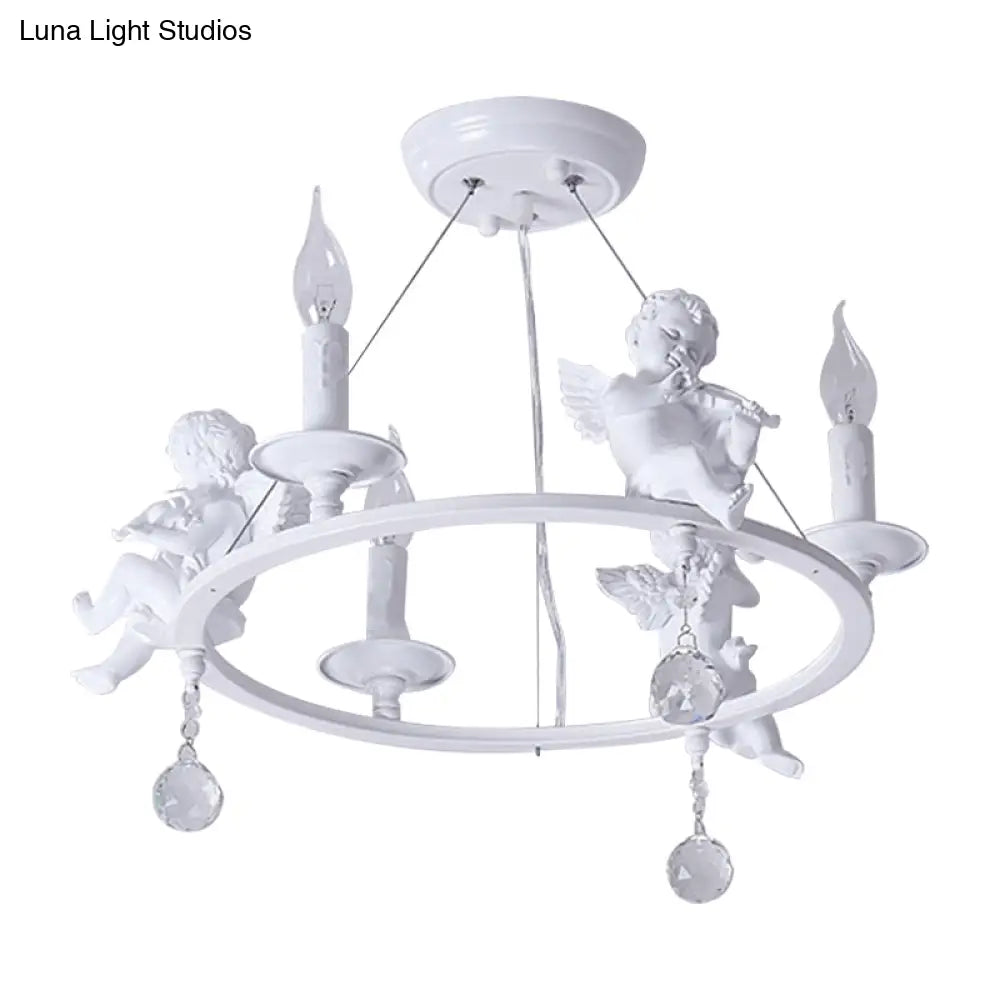Stylish White Metal Ring & Candle Chandelier With Angel Villa Hanging Light