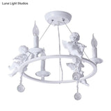 Stylish White Metal Ring & Candle Chandelier With Angel Villa Hanging Light