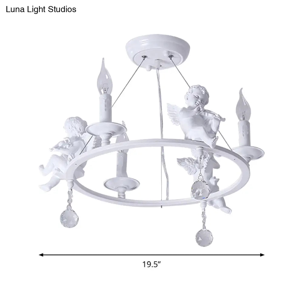 Stylish White Metal Ring & Candle Chandelier With Angel Villa Hanging Light