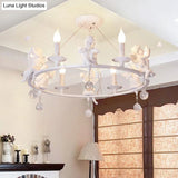 Stylish White Metal Ring & Candle Chandelier With Angel Villa Hanging Light