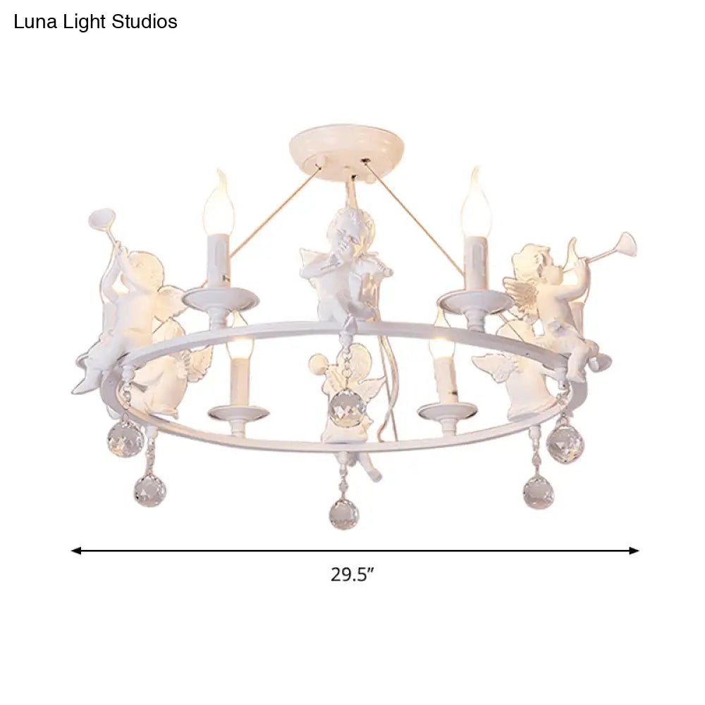 Stylish White Metal Ring & Candle Chandelier With Angel Villa Hanging Light