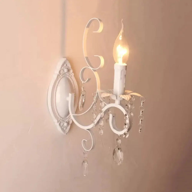 Stylish White Wall Lamp With Clear Crystal For Lodge - Candle Shape Metal Light 1 /