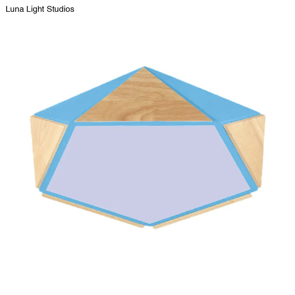 Stylish Wood Led Flush Light For Kids Bedroom - Pentagon Ceiling Mount Macaron Design