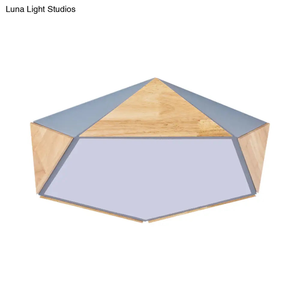 Stylish Wood Led Flush Light For Kids Bedroom - Pentagon Ceiling Mount Macaron Design