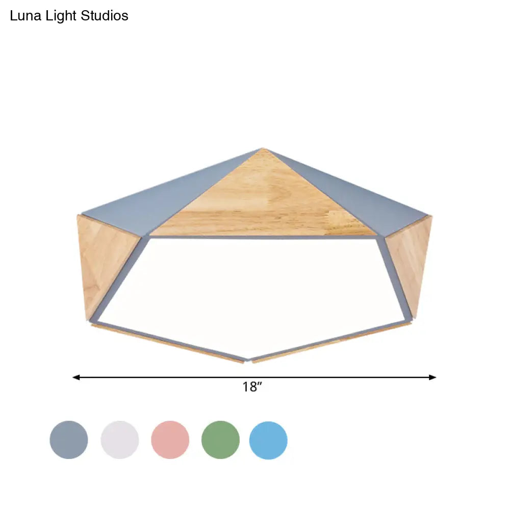 Stylish Wood Led Flush Light For Kids Bedroom - Pentagon Ceiling Mount Macaron Design