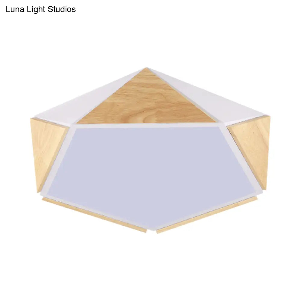 Stylish Wood Led Flush Light For Kids Bedroom - Pentagon Ceiling Mount Macaron Design