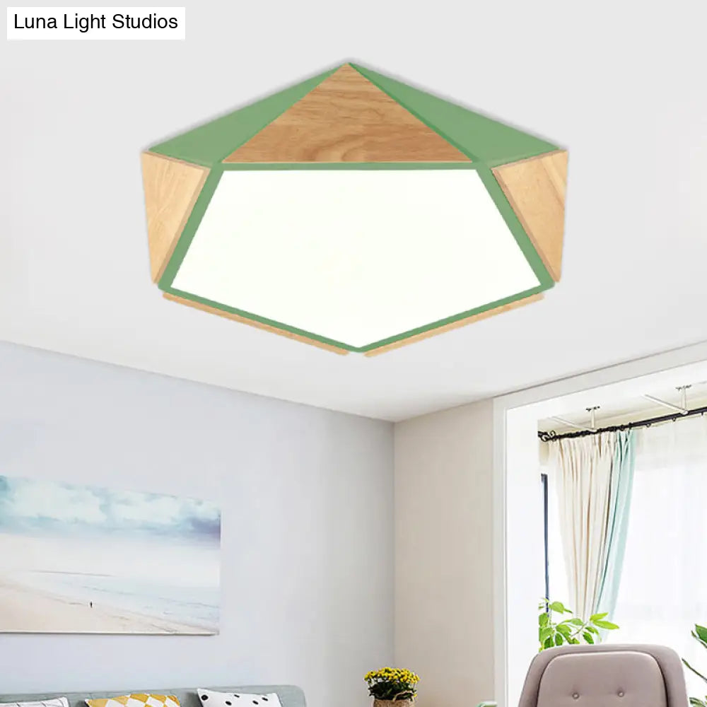 Stylish Wood Led Flush Light For Kids Bedroom - Pentagon Ceiling Mount Macaron Design