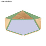 Stylish Wood Led Flush Light For Kids Bedroom - Pentagon Ceiling Mount Macaron Design